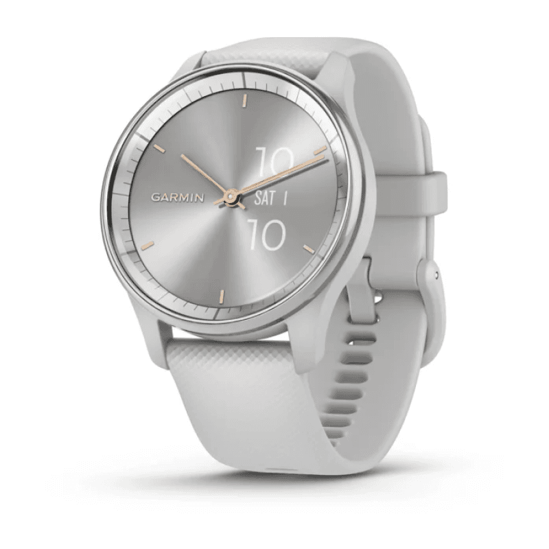 Garmin vivomove Trend. Display technology: LCD, Display resolution: 254 x 346 pixels, Touchscreen. GPS (satellite). Weight: 28.3 g. Waterproof up to: 50 m, Band material: Silicone, Band colour: Grey