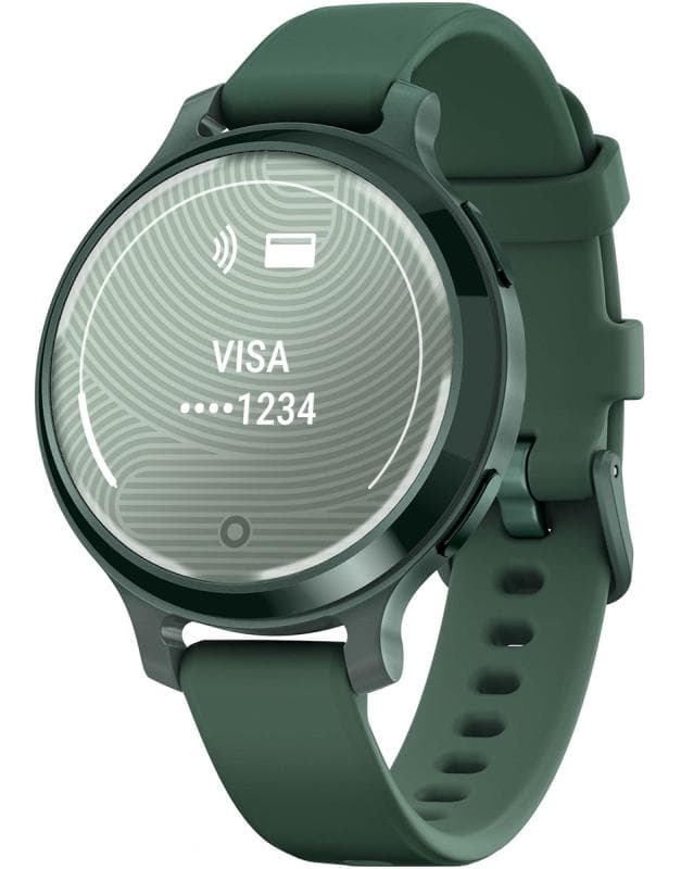 Ceas Garmin Lily 2 Active, display AMOLED, dimensiune afisaj 25,4 mm x 21,3 mm,rezolutie afisaj 240 x 201 pixeli, memorie 8GB, autonomie pana la 9 zile, rezistanta la apa pana la 5 ATM, greutate: 24,4g, ramă Jasper Green şi curea Jasper Green din silicon