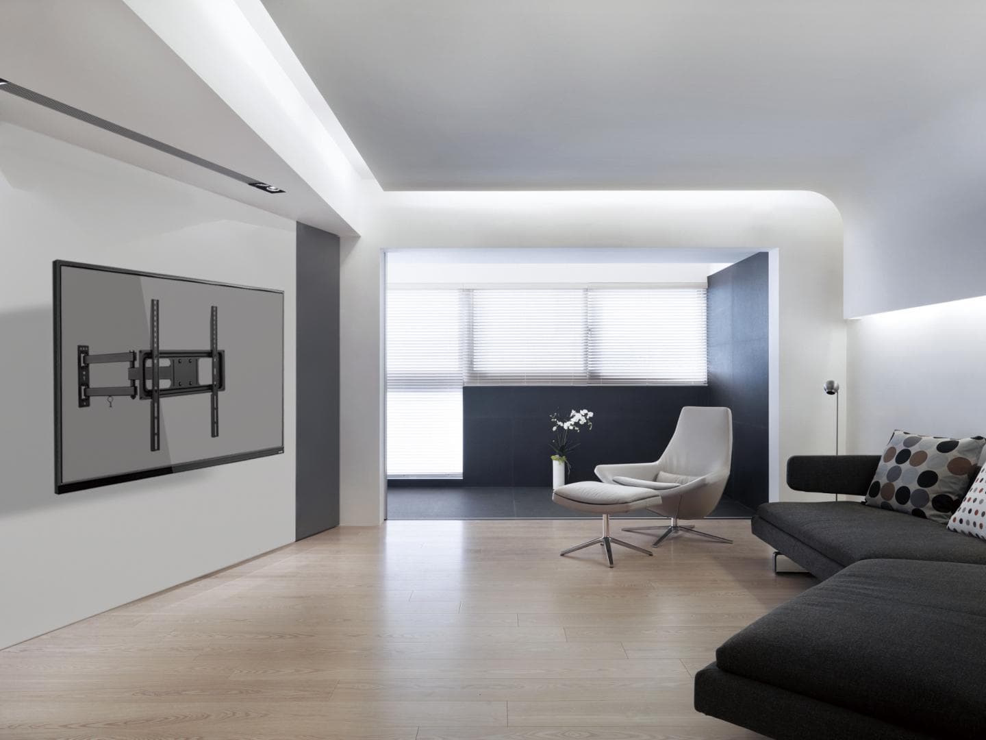 Suport de perete Akai cu inclinatie +10/-15°, diagonala display 32"-55", VESA min. 75x75, VESA max. 400x400, suporta pana la 35kg, distanta fata de perete max 427mm, negru