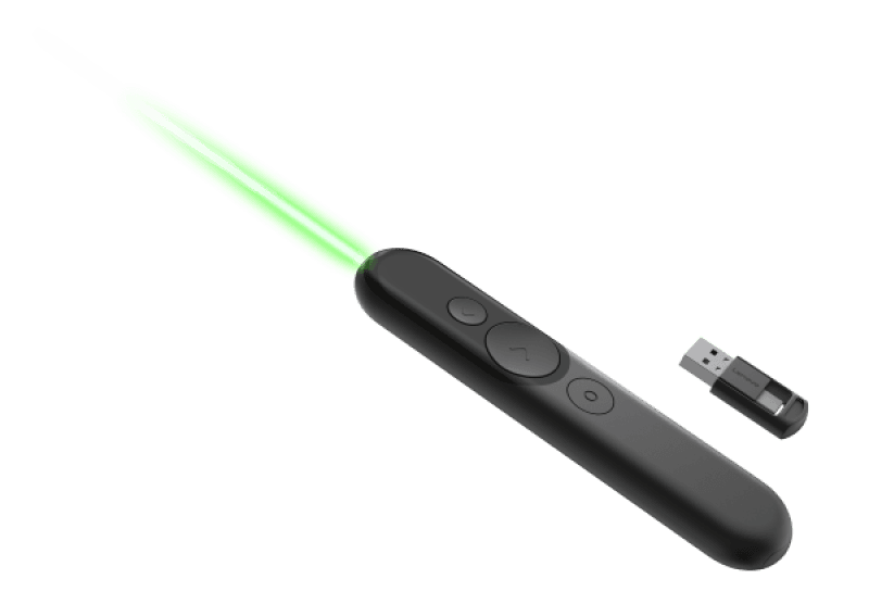 Lenovo Laser Rechargeable Presentation Remote; Weight: 46g; Connectivity: 2.4GHz, Bluetooth 5.3; Color: Black; Included Accessory: Pouch, USB-A to USB-C Cable, QSG, Warranty Card; Number of Button: 3 Buttons; Warranty Period: 1Y