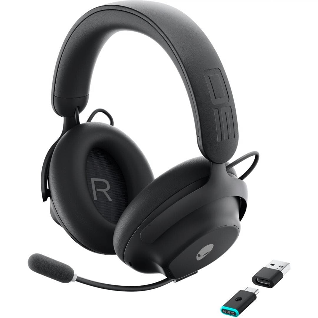 Alienware Pro Wireless Gaming Headset, Connectivity Technology: Wired/Wireless, Wireless Technology: Bluetooth, Wireless Operating Distance: 30m, Bluetooth Standard: Bluetooth 5.3, Impedance: 32 Ohm, Features: 50mm graphene-coated drivers, 2-mic AI noise cancellation, ANC, Noise Canceling: Yes, Fast