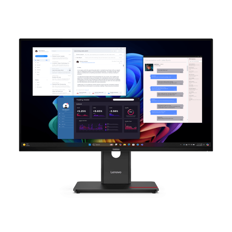 Lenovo ThinkVision T27UD-40. Display diagonal: 68.6 cm (27"), Display resolution: 3840 x 2160 pixels, HD type: 4K Ultra HD, Display technology: LCD, Response time: 6 ms, Native aspect ratio: 16:9, Viewing angle, horizontal: 178°, Viewing angle, vertical: 178°. Built-in USB hub. VESA mounting, Height