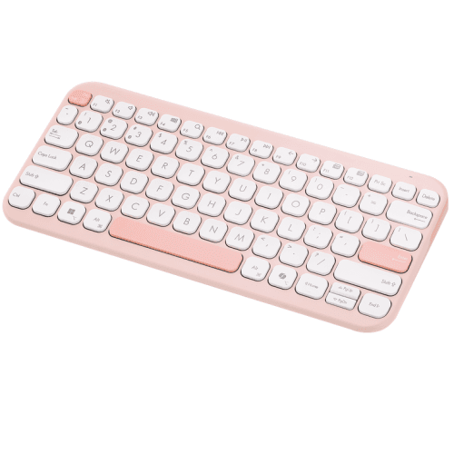 Tastatură wireless ASUS Marshmallow KW100, Bluetooth 5.0, multi-device (3 dispozitive), scissor keys cursă 1,6 mm, 2 niveluri kickstand, 2×AAA autonomie până la ~24 luni, dimensiuni 282×130×18,4 mm, greutate 374,8 g, compatibilă Windows, ChromeOS, macOS, iOS, iPadOS