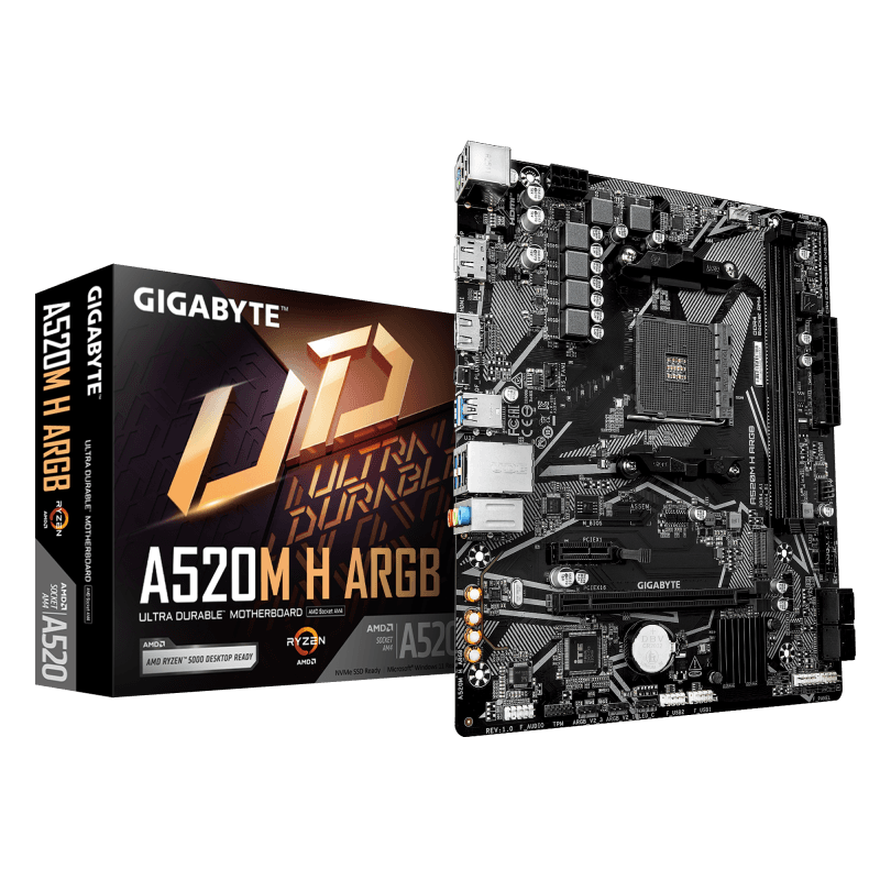GIGABYTE A520M H ARGB. Processor manufacturer: AMD, Processor socket: Socket AM4, Compatible processor series: AMD Ryzen 3000 Series, AMD Ryzen 4000 Series, AMD Ryzen 5000 Series, AMD Ryzen PRO 3000 Series,.... Supported memory types: DDR4-SDRAM, Maximum internal memory: 64 GB, Memory slots type