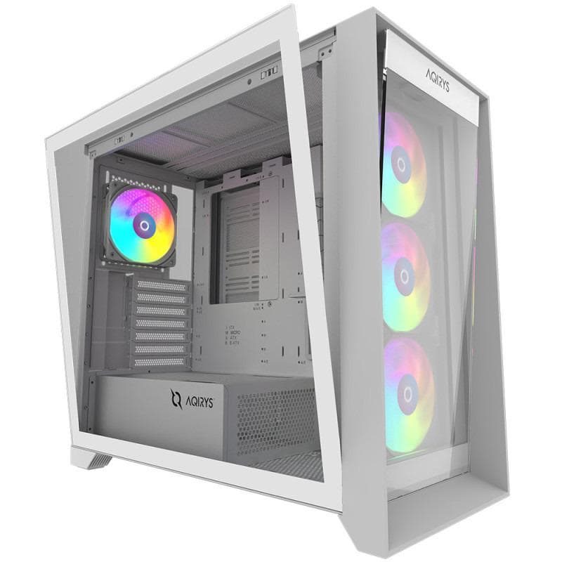 Carcasa AQIRYS XO-1 Mid Tower ARGB ALB, Tempered Glass, Sloturi Expansiune 7, Drive Bays: 3x3.5" 3x2.5", Ventilatoare Suportate: 14 (spate: 1x120mm, fata: 3x120mm sau 2x140mm, sus: 3x120mm sau 2x140mm, lateral: 3x120mm sau 2x140mm, jos: 1x120mm sau 1x140mm), Ventilatoare Incluse: 4 (spate: 1x120mm