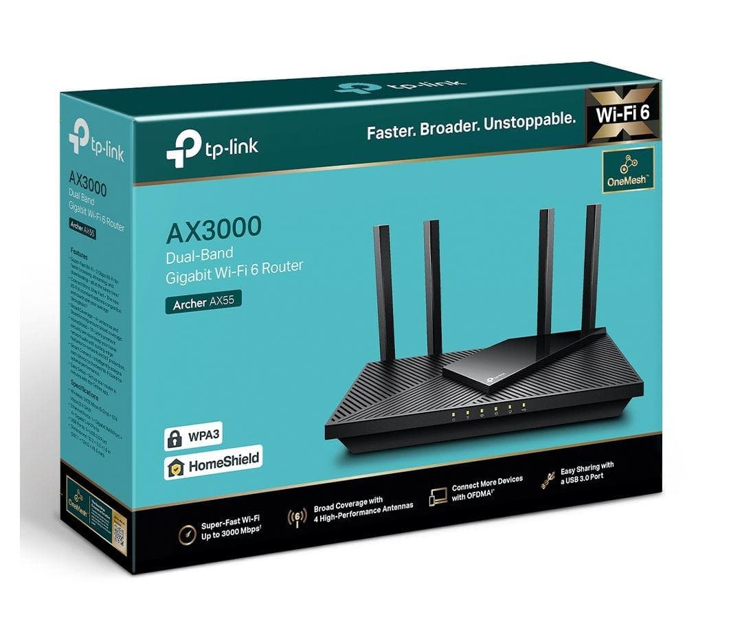 TP-Link Wireless Router, ARCHER AX55 ;WI-FI 6 ,dual band AX3000 5 GHz: 2402 Mbps (802.11ax), 2.4 GHz: 574 Mbps(802.11ax), Standard and Protocol: IEEE 802.11ax/ac/n/a 5 GHz, IEEE 802.11ax/n/b/g 2.4 GHz4 x Antene Externe fixe, 1× Port WAN/LAN Gigabit, 4× Porturi LAN Gigabit, 1× Port USB 3.0.