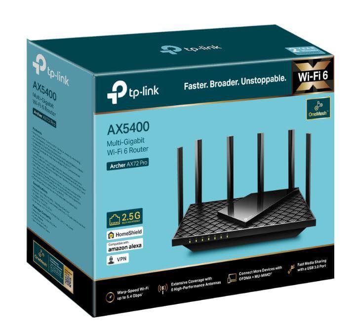 TP-LINK AX5400 Dual-Band Gigabit WI-FI6 Router, ARCHER AX72 PRO, Standarde wireless: IEEE 802.11ax/ac/n/a 5 GHz, IEEE 802.11ax/n/b/g 2.4 GHz, Viteze wireless: 5 GHz: 4804 Mbps (802.11ax, HE160), 2.4 GHz: 574 Mbps (802.11ax), Acoperire: 3 camere, 6 x antene externe, 4×4 MU-MIMO, OFDMA, Mod router