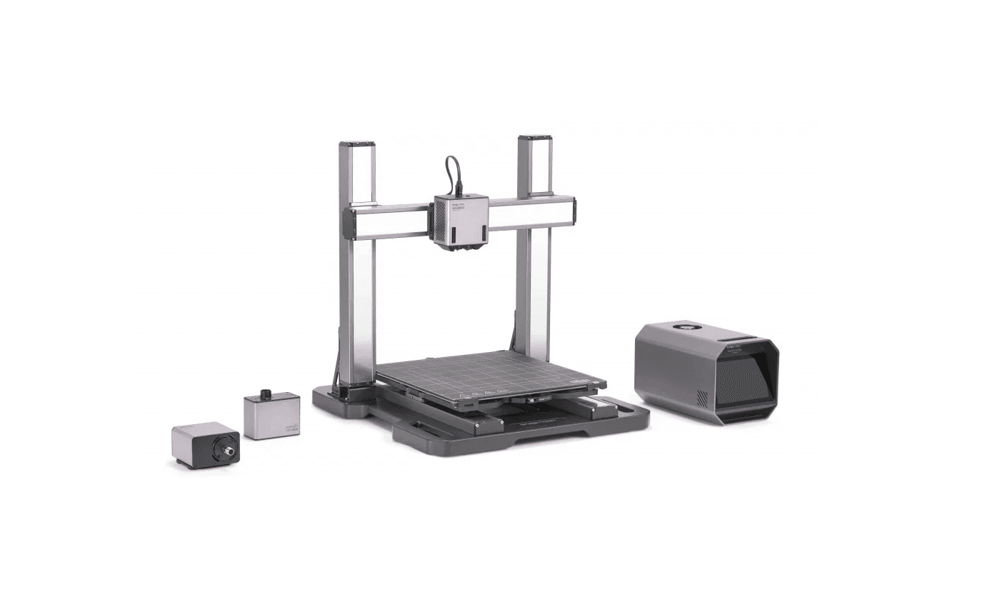 Imprimanta 3D Snapmaker Artisan 3DP, doua capete printare (IDEX), Volum printare: Dual 350mm × 400mm × 400mm, extruder stang 375mm × 400mm × 400mm, extruder drept 400mm × 400mm × 400mm, diametru duza: 0.4mm, temperatura duza: 300°C, viteza: 180mm/s, platforma printare: PEI-coated Glass, 80°C, PLA