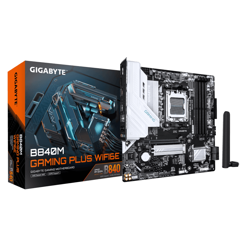 GIGABYTE B840M GAMING PLUS WIFI6E. Processor manufacturer: AMD, Processor socket: Socket AM5, Compatible processor series: AMD Ryzen  7000 Series, AMD Ryzen 8000 Series, AMD Ryzen 9000 Series. Supported memory types: DDR5-SDRAM, Maximum internal memory: 256 GB, Memory slots type: DIMM. Supported