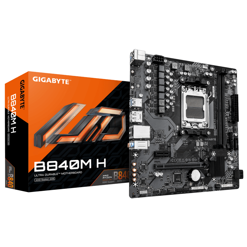 GIGABYTE B840M H. Processor manufacturer: AMD, Processor socket: Socket AM5, Compatible processor series: AMD Ryzen 7000 Series, AMD  Ryzen 8000 Series, AMD Ryzen 9000 Series. Supported memory types: DDR5-SDRAM, Maximum internal memory: 128 GB, Memory slots type: DIMM. Supported storage drive