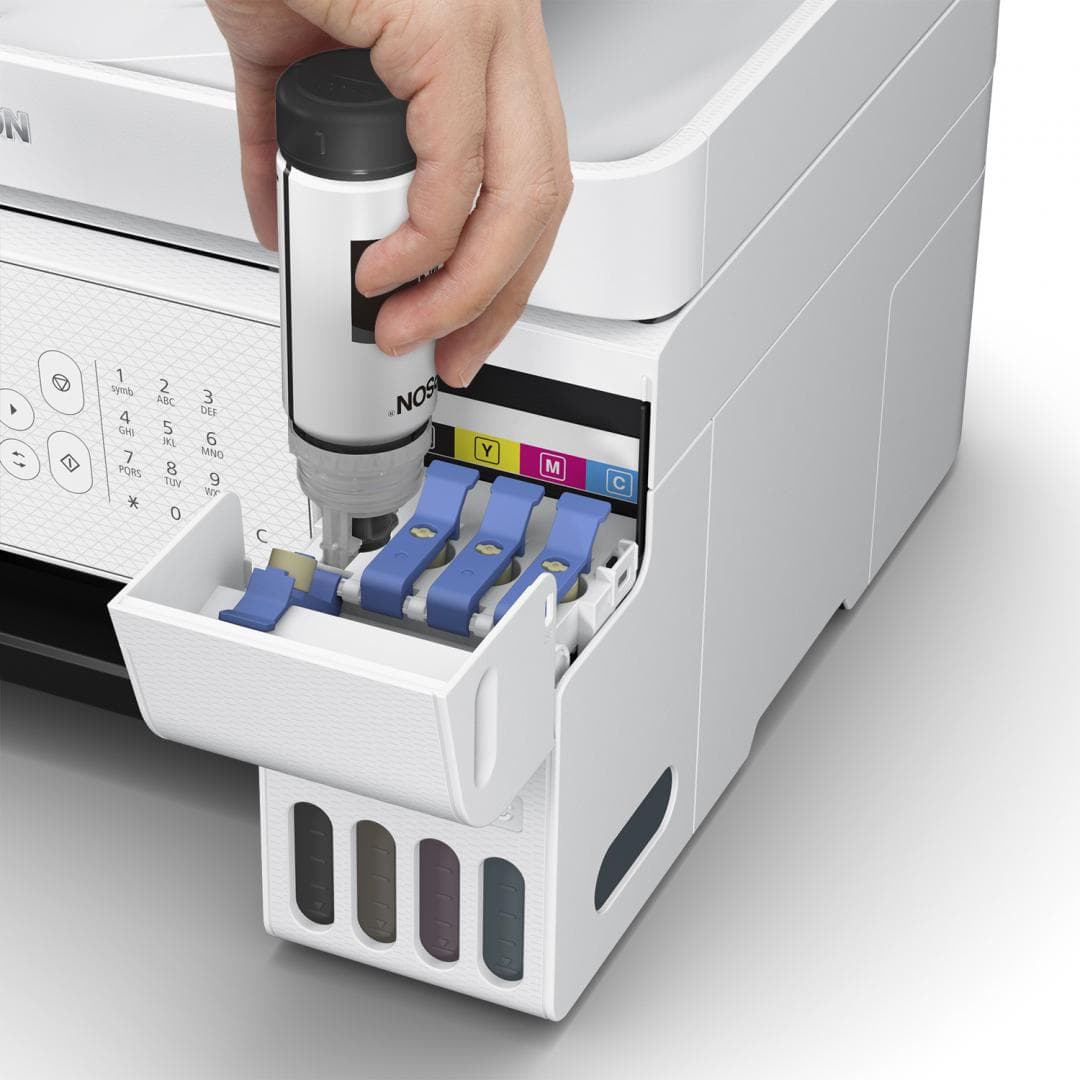 Multifunctional inkjet color Epson EcoTank CISS L5316, culoare: alb, dimensiune A4(Printare,Copiere, Scanare, Fax), printare borderless, viteza 33ppm alb-negru, 15ppm color, rezolutie 5760 x 1440 dpi, alimentare hartie 100 coli, ADF 30 coli, scanner CIS, rezolutie 1200 x 2400 dpi, interfata: USB