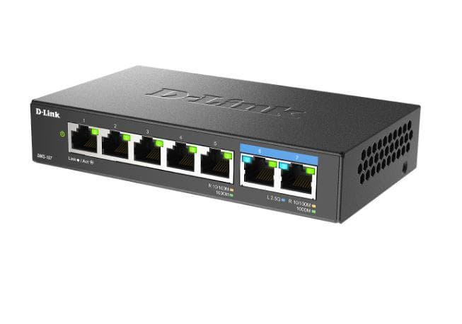 D-Link switch DMS-107, 7 porturi, Standarde si protocoale: IEEE 802.3 10BASE-T,  IEEE 802.3u 100BASE-TX,  IEEE 802.3ab 1000BASE-T,  IEEE 802.3bz 2.5GBASE-T5 porturi Gigabit, 2 porturi 2.5Gbps,  Capacitate 20 Gbps, fara ventilator, carcasa metal, dimensiuni: 145 x 82 x 28 mm, Greutate: 295.2 g, Auto