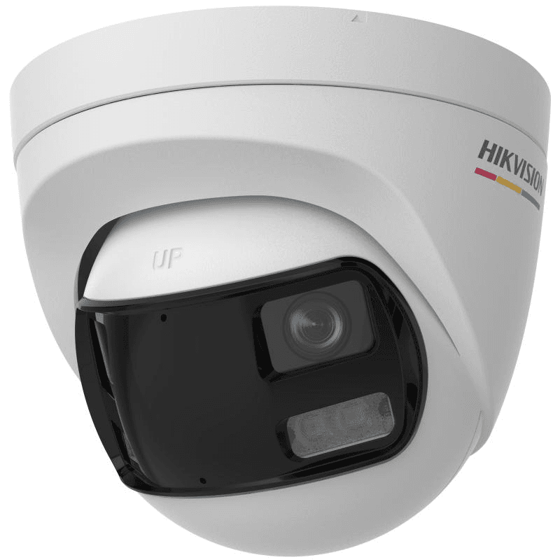 Camera de supraveghere Turret 3K Hikvision DS-2CE72KF3TP-DLS, lentila duala fixa 2.8mm, iluminare min: 0.0005 Lux @ (F1.0, AGC ON), 0 Lux cu lumina alba: 40m, IR: 40m, microfon incorporat, alimentare: 12 VDC ± 25%, max. 8.9 W, protectie: IP67, dimensiuni: Ø130.11 mm × 109.2 mm, greutate: 570g