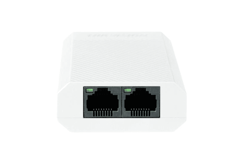 Repetor PoE Hikvision DS-3E0503DP-E/R: 1 × Gigabit PoE IN port si 2 × Gigabit PoE OUT port, buget PoE 30W, dimensiuni: 88.0 mm × 22.0 mm × 58.0 mm, greutate: 0.058 kg, montare pe birou.