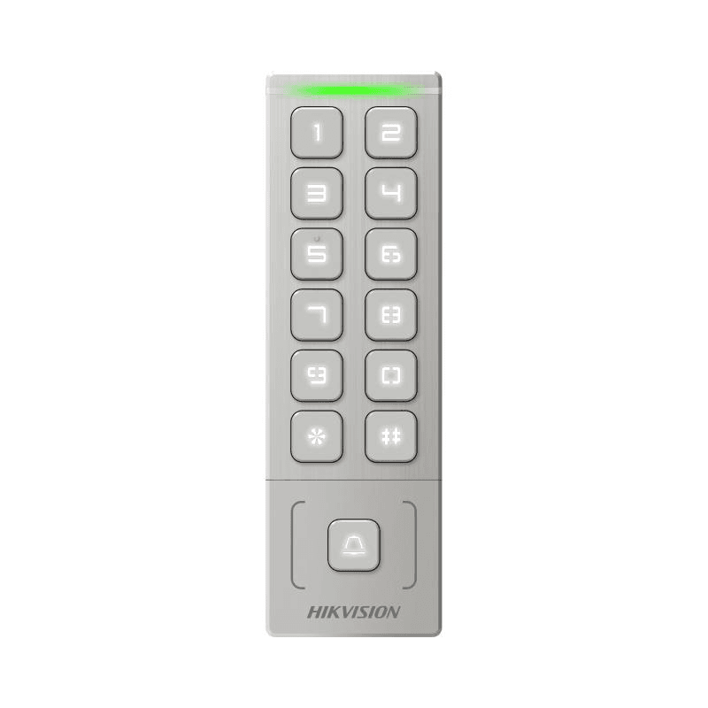 Cititor de proximitate cu tastatura Hikvision DS-K1T809MWX, card sau PIN, maxim 5000 carduri si 1000 useri, cititor pentru carduri M1 incorporat, Wiegand out, supports Wiegand 26/34, alimentare: 12 VDC, 1 A,  protectie: IP65, dimensiunii: 151 mm × 48 mm × 21.5 mm, montare aparenta.