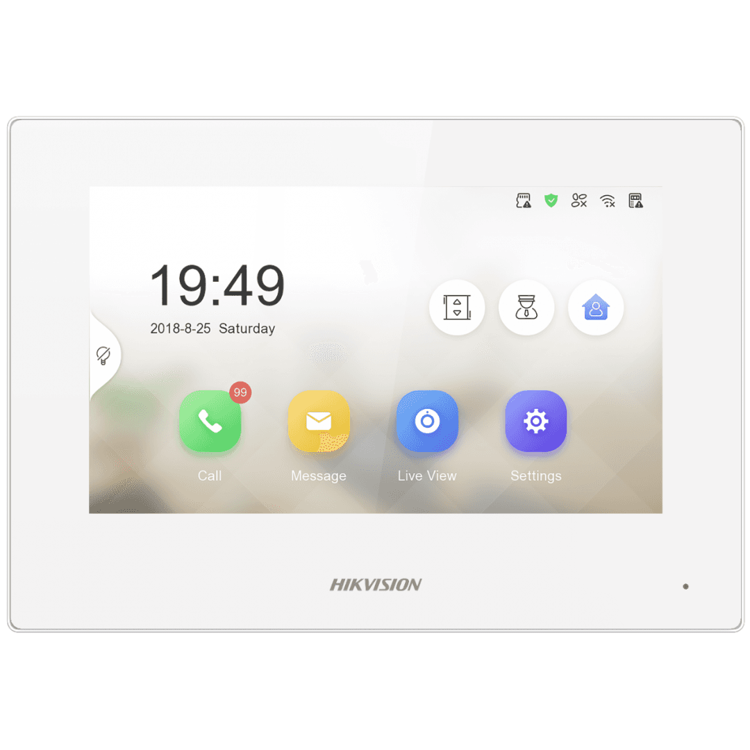 Monitor videointerfon ALB 7inch color Hikvision DS-KH6320-LE1/WH(B) LCD Resolution 1024 × 600, ROM 32 MB, RAM 128 MB, Audio compression standard G.711 U, G.711 A, Event capacity 200 alarm records, 2 MB RAM reserved for events, Linked doorphone capacity 17 IP doorphones, Network interface 1 RJ-45