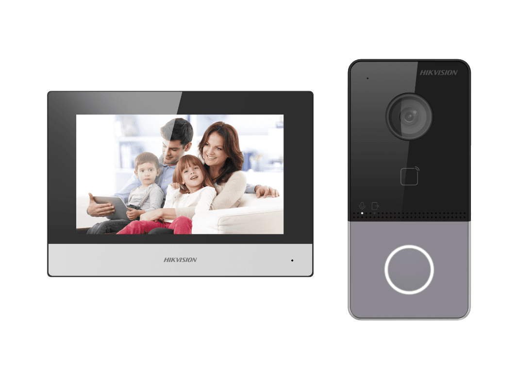 Kit videointercom IP Hikvision DS-KIS603-P(C) Flash 32 MB,memorie RAM 256MB,Indoor station: Supports live view of up to 16 IP cameras,7-inch touch screen, user friendly interface, Plug ＆ Play,Receives video call and unlocks on mobile App anywhere, any time, Hight quality imaging with 2MP resolution