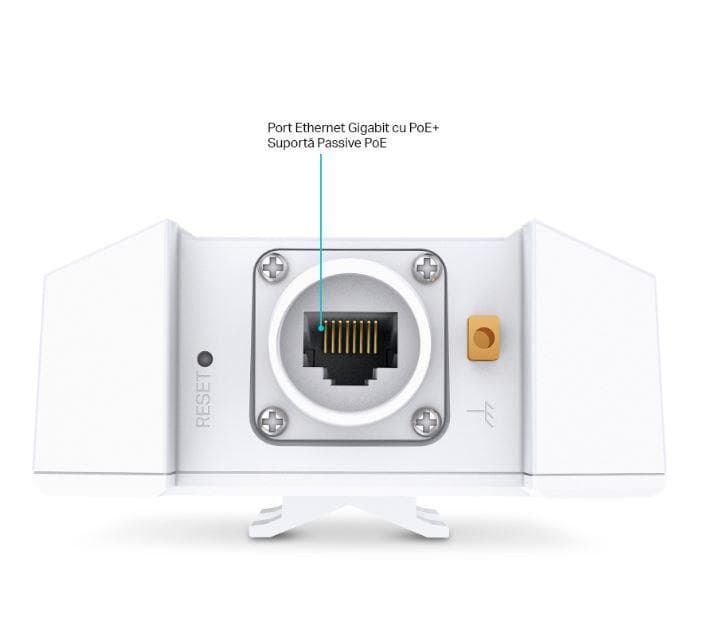Wireless Access Point TP-Link EAP650-Outdoor, AX3000 Wireless Dual Band Indoor/Outdoor Access Point, 802.3at PoE, STANDARDE WIRELESS: IEEE 802.11ax/ac/n/g/b/a, interfata: 1× Port Ethernet (RJ-45) Gigabit (Suportă PoE 802.3at și Passive PoE), weather proof: IP67, Dimensiuni: 280.4×106.5×56.8 mm.