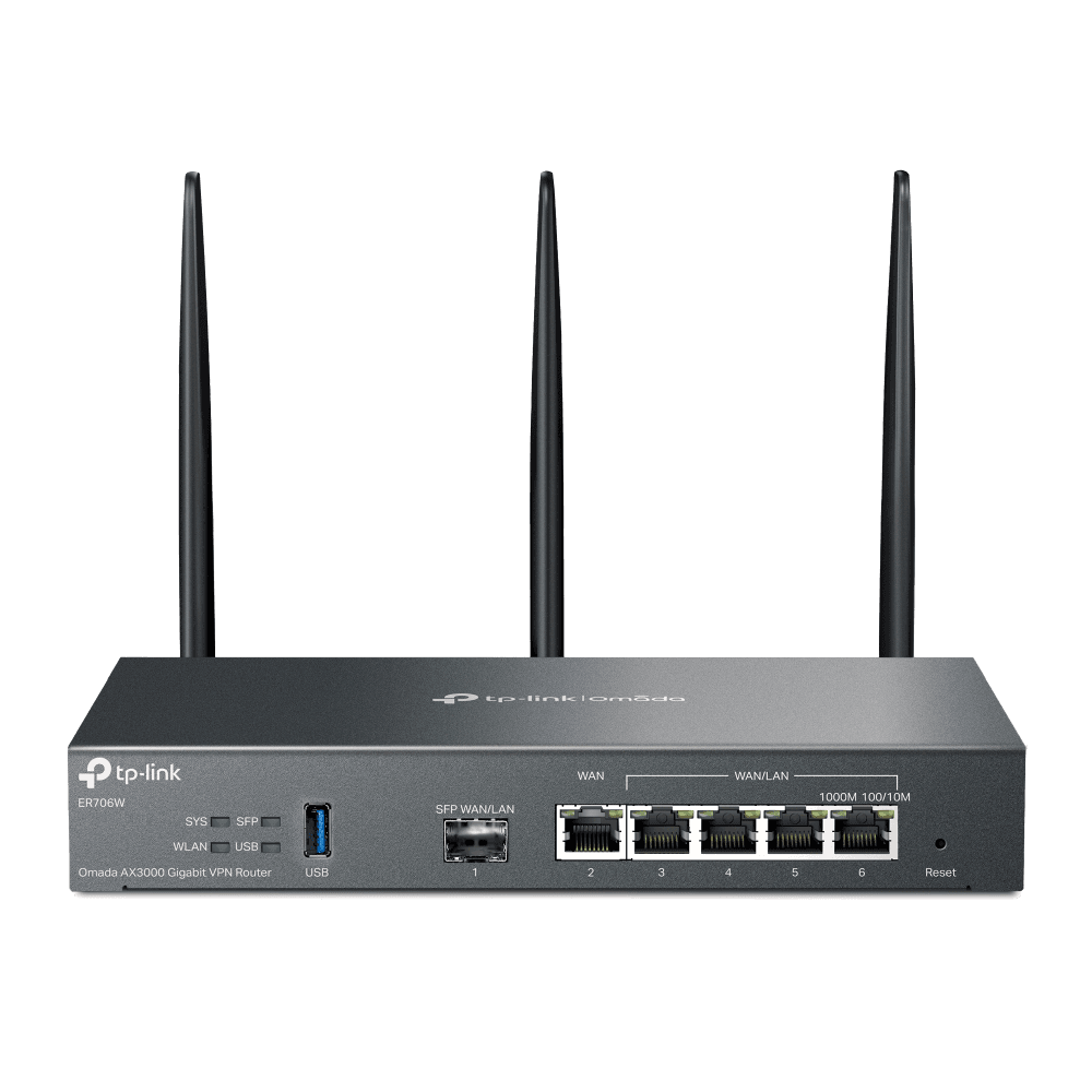 "Omada AX3000 Wi-Fi 6 Gigabit VPN Router PORT: 1× Gigabit SFP WAN/LAN Port, 1× Gigabit RJ45 WAN Port, 4× Gigabit WAN/LAN RJ45 Ports, 1× USB 3.0 SPEED: 574Mbps at 2.4 GHz + 2402 Mbps at 5 GHz (HE160) FEATURE: Integration with Omada SDN Controller, Support SSL VPN, OpenVPN and Wireguard/ IPsec/ PPTP/