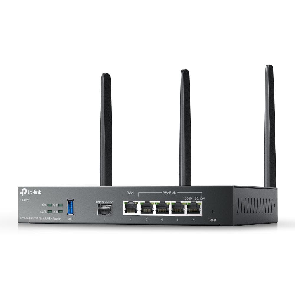 "Omada AX3000 Wi-Fi 6 Gigabit VPN Router PORT: 1× Gigabit SFP WAN/LAN Port, 1× Gigabit RJ45 WAN Port, 4× Gigabit WAN/LAN RJ45 Ports, 1× USB 3.0 SPEED: 574Mbps at 2.4 GHz + 2402 Mbps at 5 GHz (HE160) FEATURE: Integration with Omada SDN Controller, Support SSL VPN, OpenVPN and Wireguard/ IPsec/ PPTP/