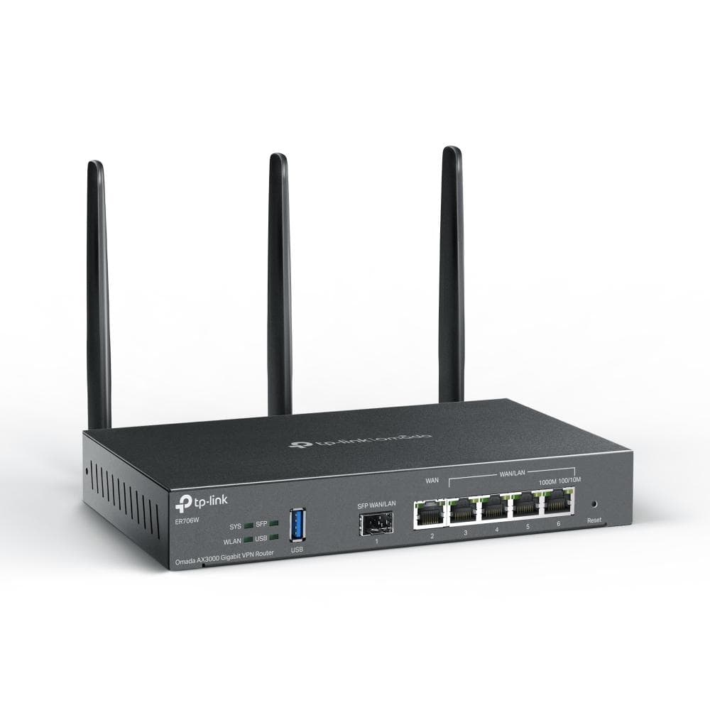 "Omada AX3000 Wi-Fi 6 Gigabit VPN Router PORT: 1× Gigabit SFP WAN/LAN Port, 1× Gigabit RJ45 WAN Port, 4× Gigabit WAN/LAN RJ45 Ports, 1× USB 3.0 SPEED: 574Mbps at 2.4 GHz + 2402 Mbps at 5 GHz (HE160) FEATURE: Integration with Omada SDN Controller, Support SSL VPN, OpenVPN and Wireguard/ IPsec/ PPTP/