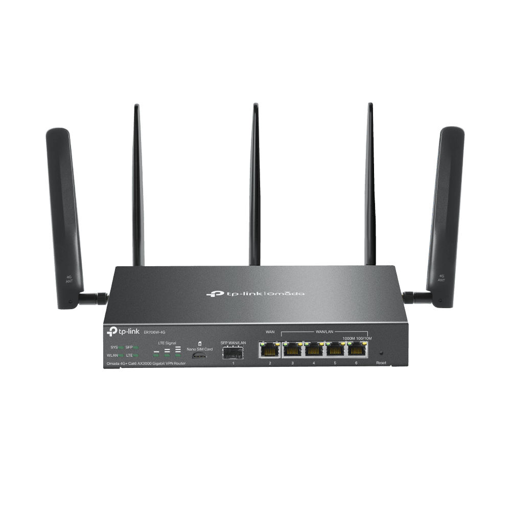"Omada 4G+ Cat6 AX3000 Gigabit VPN Router PORT: 1× Gigabit SFP WAN/LAN Port, 1× Gigabit RJ45 WAN Port, 4× Gigabit WAN/LAN RJ45 Ports, 1 Nano SIM slot (4G+ Cat6) SPEED: 574Mbps at 2.4 GHz + 2402 Mbps at 5 GHz (HE160) Wi-Fi Speed, 300 Mbps Download LTE Speed FEATURE: Integration with Omada SDN