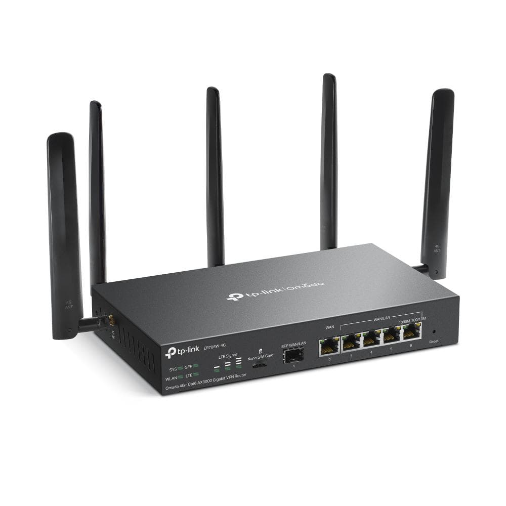 "Omada 4G+ Cat6 AX3000 Gigabit VPN Router PORT: 1× Gigabit SFP WAN/LAN Port, 1× Gigabit RJ45 WAN Port, 4× Gigabit WAN/LAN RJ45 Ports, 1 Nano SIM slot (4G+ Cat6) SPEED: 574Mbps at 2.4 GHz + 2402 Mbps at 5 GHz (HE160) Wi-Fi Speed, 300 Mbps Download LTE Speed FEATURE: Integration with Omada SDN