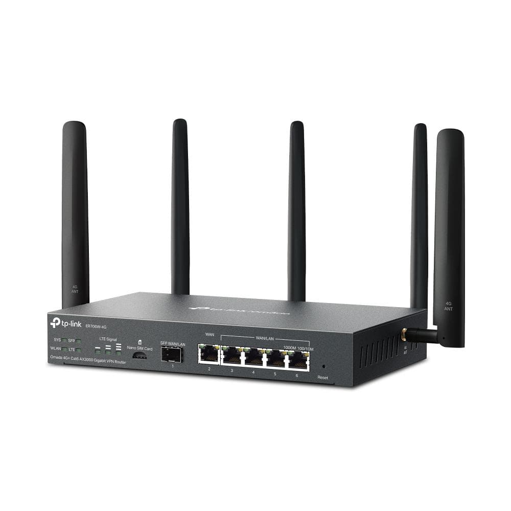 "Omada 4G+ Cat6 AX3000 Gigabit VPN Router PORT: 1× Gigabit SFP WAN/LAN Port, 1× Gigabit RJ45 WAN Port, 4× Gigabit WAN/LAN RJ45 Ports, 1 Nano SIM slot (4G+ Cat6) SPEED: 574Mbps at 2.4 GHz + 2402 Mbps at 5 GHz (HE160) Wi-Fi Speed, 300 Mbps Download LTE Speed FEATURE: Integration with Omada SDN