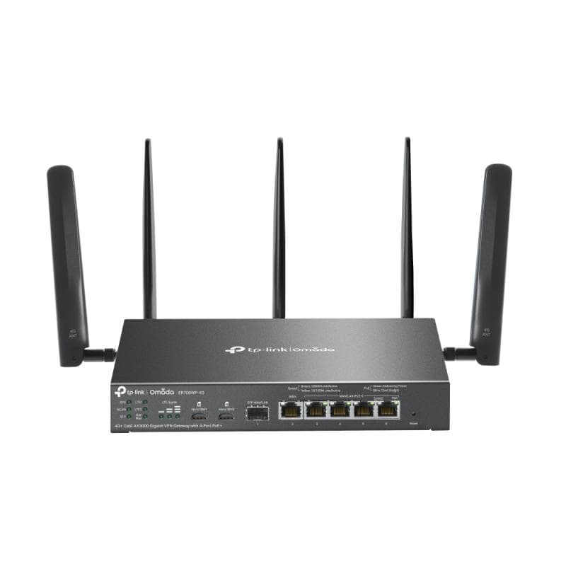 Omada 4G+ Cat6 AX3000 Gigabit VPN Gateway with 4-Port PoE+ PORT: 1× Gigabit SFP WAN/LAN Port, 1× Gigabit RJ45 WAN Port, 4× Gigabit WAN/LAN RJ45 Ports, 2 Nano SIM slot (4G+ Cat6) SPEC: 802.3 at/af, 4 Ports with 45W PoE Power, Desktop & Wall-mount Steel Case SPEED: 574Mbps at 2.4 GHz + 2402 Mbps at 5