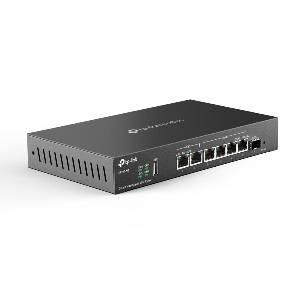 "Omada Multi-Gigabit VPN Router PORT: 1× 2.5G RJ45 WAN Port, 1× 2.5G RJ45 WAN/LAN Port, 1× Gigabit SFP WAN/LAN Port, 4× Gigabit RJ45 WAN/LAN Ports, 1× USB 2.0 port FEATURE: Integration with Omada SDN Controller, Support SSL VPN, OpenVPN and IPsec/ PPTP/ L2TP/ L2TP over IPSec VPN, 500000 Concurrent