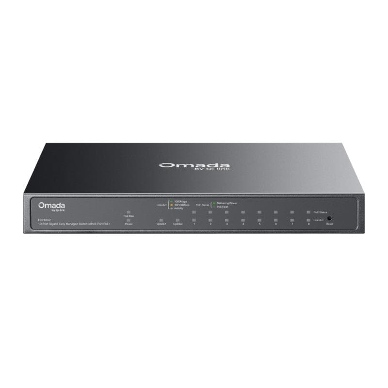 Tp Link Omada ES210GP 10-Port Gigabit Easy Managed Switch cu 8-Port PoE+,  8× 10/100/1000 Mbps PoE+ RJ45 Ports (support 802.3af PoE and 802.3at PoE+), 1× 10/100/1000 Mbps RJ45 Port, 1× Gigabit SFP/RJ45 Combo Port, capacitate switch 20 Gbps, negru