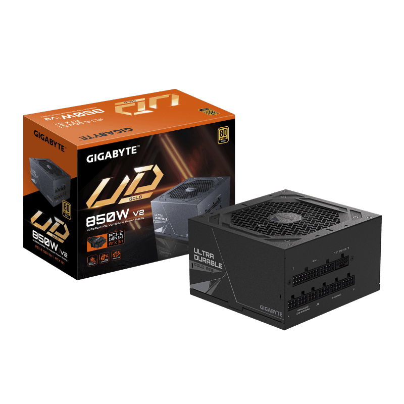 GIGABYTE UD850GM PG5 V2 Power Supply Unit- PCIe Gen 5.1, 80 PLUS Gold, Fully Modular Design, 120mm Fan, ATX 3.1 compatible, EU Plug.  Total power: 850 W, AC input voltage: 100 - 240 V, AC input frequency: 50/60 Hz. Motherboard power connector: 20+4 pin ATX, Motherboard power cable length: 61 cm