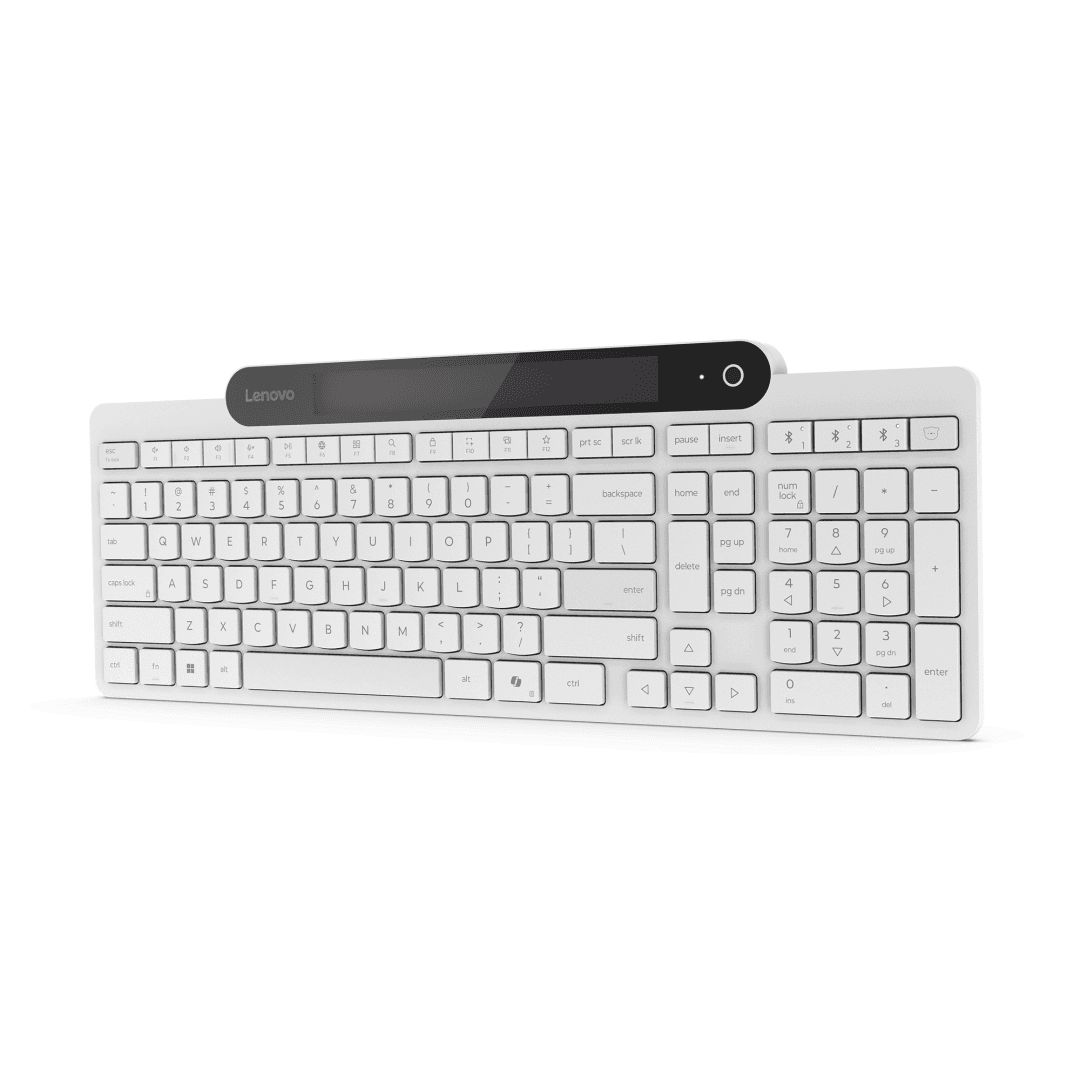 Tastatura Lenovo 800 Self-Charging Bluetooth; reincarcabila cu ajutorul luminii ambientale, fara spatiu destinat bateriilor clasice; layout: US; conectivitate: BT 5.1, se poate conecta la 3 dispozitive; greutate: 635g; compatibil cu Windows 10, Windows 11; culoare: alb