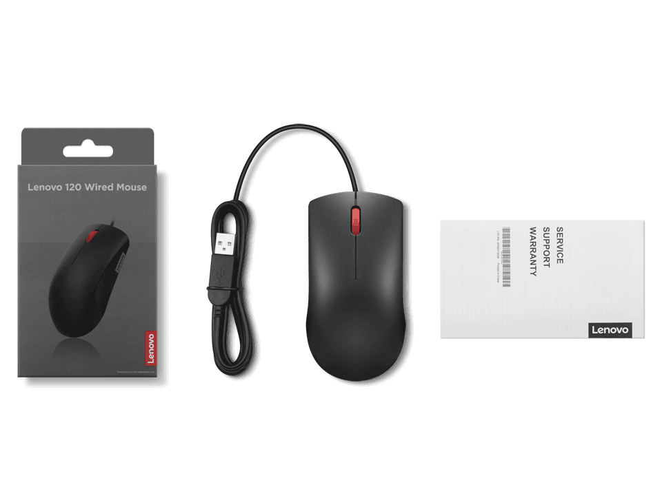Mouse cu fir Lenovo 120; 1600DPI; conectivitate: USB-A; senzor optic; numar de butoane: 3; greutate: 90g; lungimea cablului: 1.5m; compatibil cu Windows 10 Home Single Language 64, Windows 11; culoare: negru