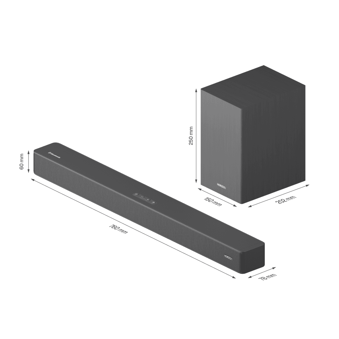 SOUNDBAR HORIZON HAV-S2630W / System 2.1 / Max Audio Power 110W (30W x2 + 50W) / Wireless Subwoofer / Digital Optical / AUX (3.5mm) / HDMI-ARC (CEC) / BT 5.4 / USB Playback / DOT-Matrix Display / Remote + Button Keys / Impedance: 4Ω x2 + 4Ω / Signal to Noise Ratio (SNR): 73dB / Wall- Mount Ready /