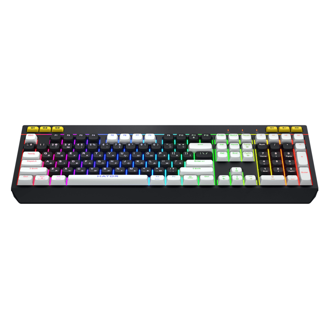 Tastatura mecanica cu fir Hator Icefall, conectivitate USB, polling rate 1000Hz, iluminare RGB pentru 8 zone diferite, tip switch membrana, material taste ABS cu gravare laser si acoperire UV, negru-alb