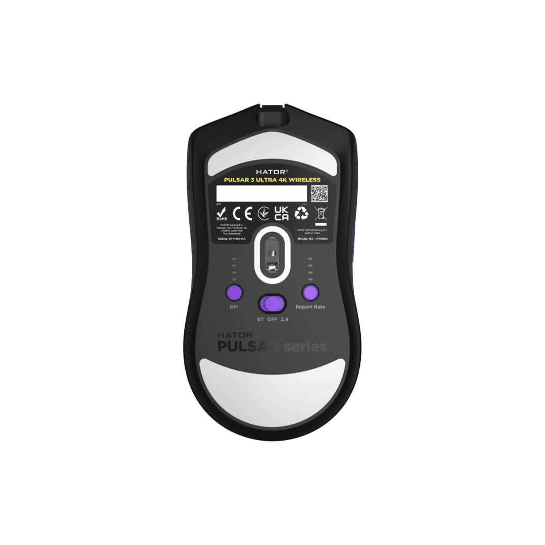 Mouse gaming wireless Hator Pulsar 3 ULTRA 8K+4K, polling rate pana la 8000Hz, senzor Optical PixArt PAW 3950, rezolutie maxima 30000 DPI, switch HATOR® Optical 100M, side switch Kailh 3M, durata de viata baterie in wireless mode pana la 180 de ore, negru