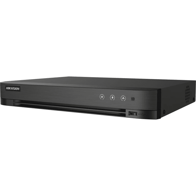 DVR Hikvision AcuSense 4 canale 5MP IDS-7204HUHI-M1/X, H.265 Pro+/H.265 Pro/H.265/H.264+/H.264 video compression, BNC interface (1.0 Vp-p, 75 Ω), supporting coaxitron connection, up  to 8-ch IP camera inputs(up to 8MP), pana la 4K/8MP @ 8fps(1-ch); 3K/5MP @12fps encoding capability, intrari