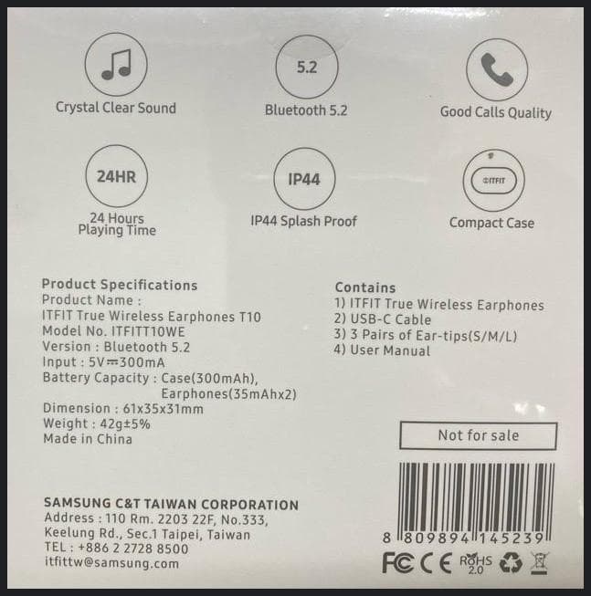 Samsung ITFIT True Wireless In-Ear Buds T10 White (BT5.2, IP44, 24Hrs autonomy, USB-C cable, S/M/L eartips) (garantie doar la NOD)
