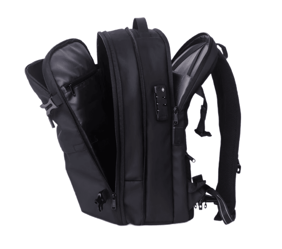 Lemontti Rucsac Smart Premium cu Vacuum si pompa vid 5 capete inclusa, 30-60L pentru cabina avion, impermeabil, doua mufe incarcare USB: USB-A si Type-C, extensie suplimentara, sistem antifurt, Negru