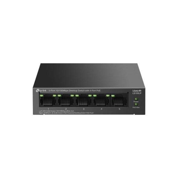 "5-Port 10/100 Mbps Desktop Switch with 4-Port PoE PORT: 4× 10/100 Mbps PoE Ports, 1× 10/100 Mbps Non-PoE Port SPEC: 802.3af, 41 W PoE Power, Desktop Steel Case FEATURE: Extend Mode for 250m PoE Transmitting, PoE Auto Recovery, Plug and Play"