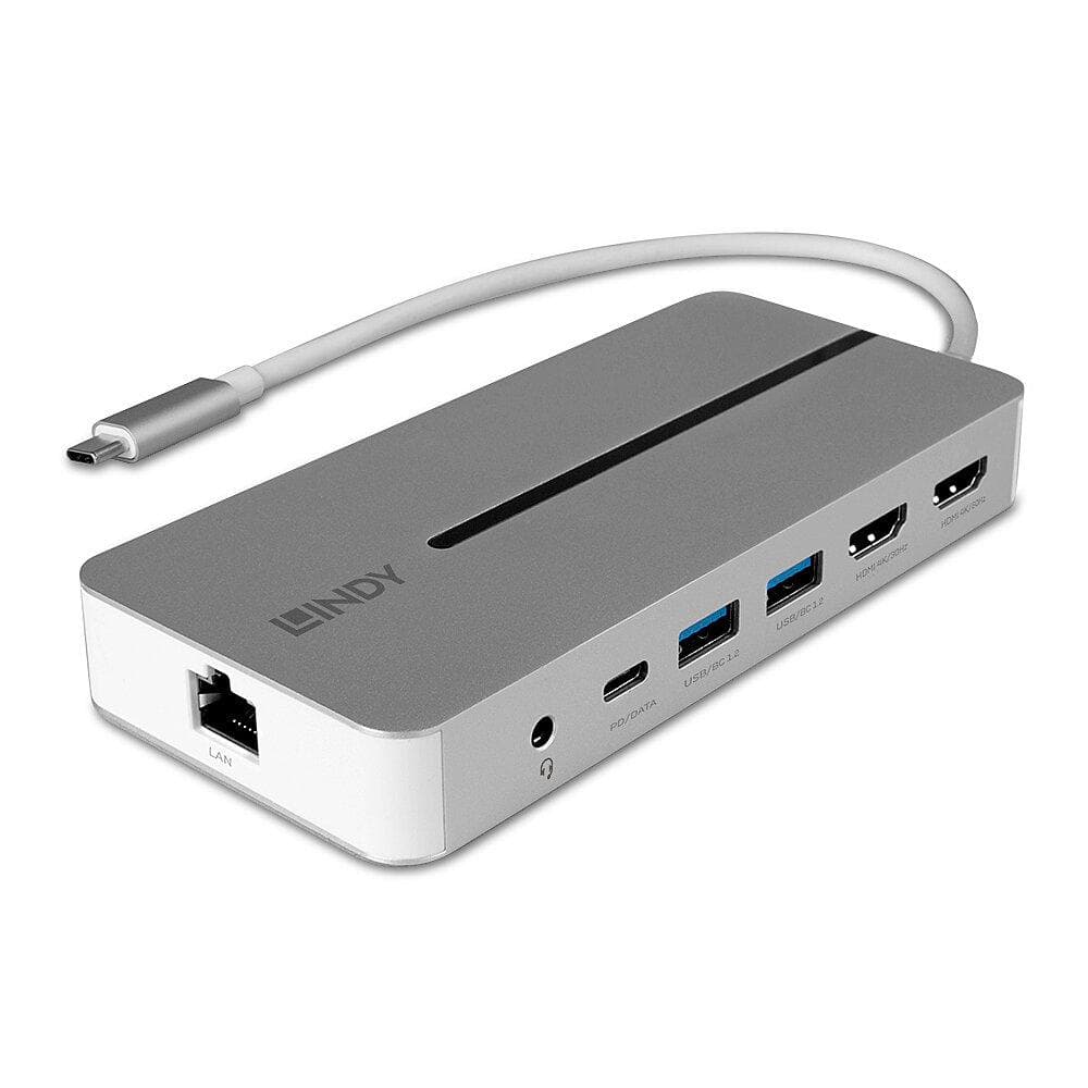 Lindy DST-Mx Duo Mini Docking Station USB Type-C, Dual display (4k), 100W Pass-through charging, rezolutie single display 4k@60, rezolutie dual display 4k@60 + 4k@30, 2x USB Type A, 1x USB-C (PD & Data), 2x HDMI, 1x RJ45, 2x Card reader (microSD & SD), 1x 3.5mm audio jack