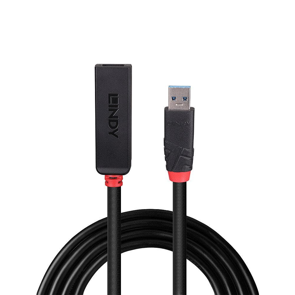 Adaptor Lindy USB 3.0 Active Extension Slim, material PVC, lungime cablu 10m, latime de banda suportata 5 Gbps, putere 2.5/0.7mm DC Connector