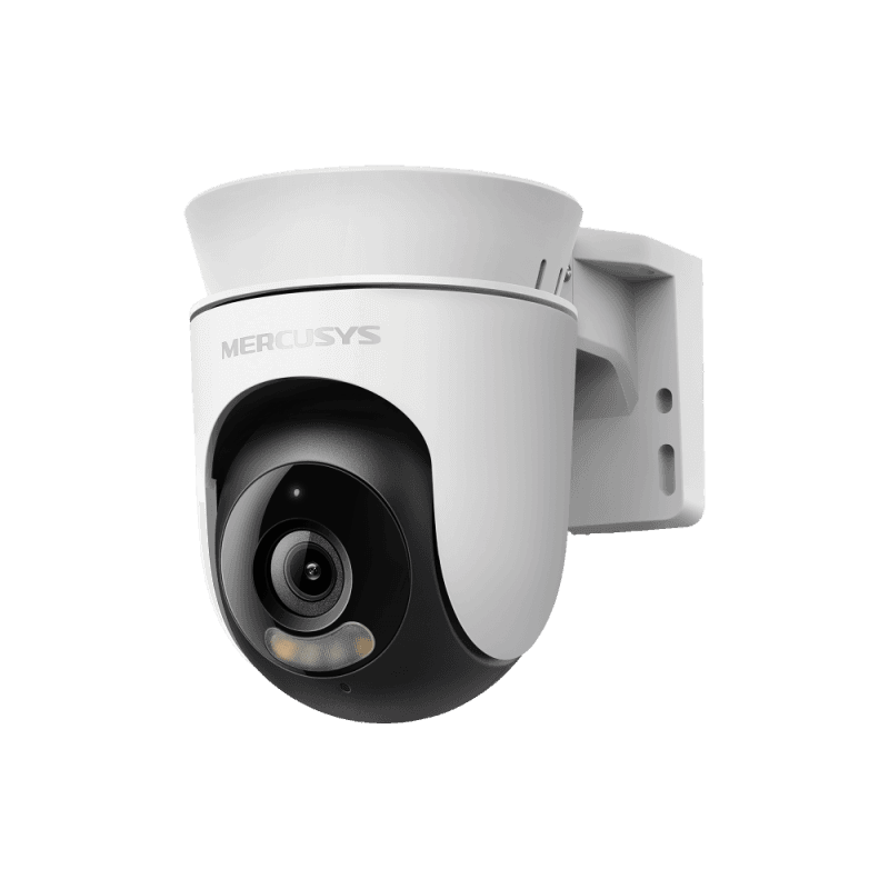 Outdoor Pan/Tilt Security Wi-Fi Camera SPEC:  High-Definition Video (1080P), Pan and Tilt (360° Horizontal), Built-in microphone and speaker, 850nm IR LED and Color Night Vision, 2.4GHz Wi-Fi FEATURE: MERCUSYS APP, Pan/Tilt, Smart Detection and Notification (Motion & Person), Motion Tracking, Sound