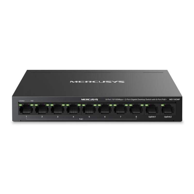Switch desktop Mercusys 8-Port 10/100 Mbps + 2-Port Gigabit Desktop Switch with 8-Port PoE+, IEEE 802.3x Flow Control, 5.6 Gbps, dimensiuni 6.7 × 3.9 × 1.1 in (171 × 98 × 27 mm)
