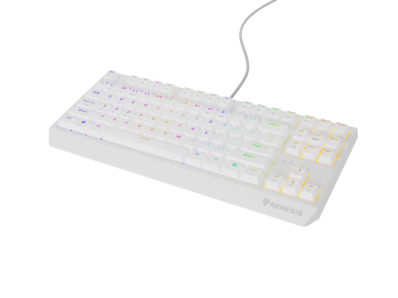 Tastatura gaming mecanica cu fir Genesis Thor 230 TKL, iluminare RGB, switch-uri Brown, 87 taste, 11 butoane multimedia, alb