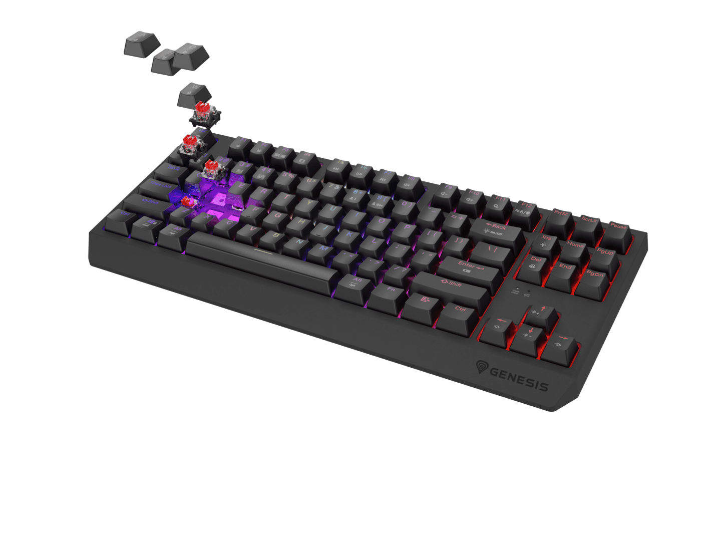Tastatura gaming mecanica wireless Genesis Thor 230 TKL, iluminare RGB, swtich-uri Red, 87 taste, 11 butoane multimedia, negru
