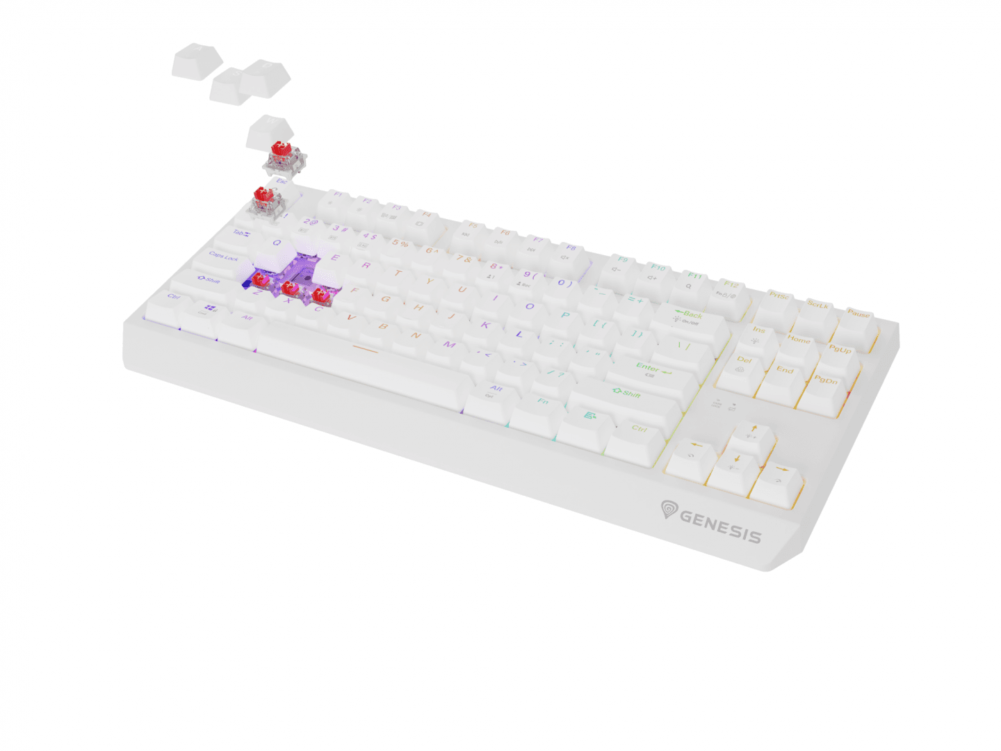 Tastatura gaming mecanica wireless Genesis Thor 230 TKL, iluminare RGB, 87 taste, 11 butoane multimedia, alb