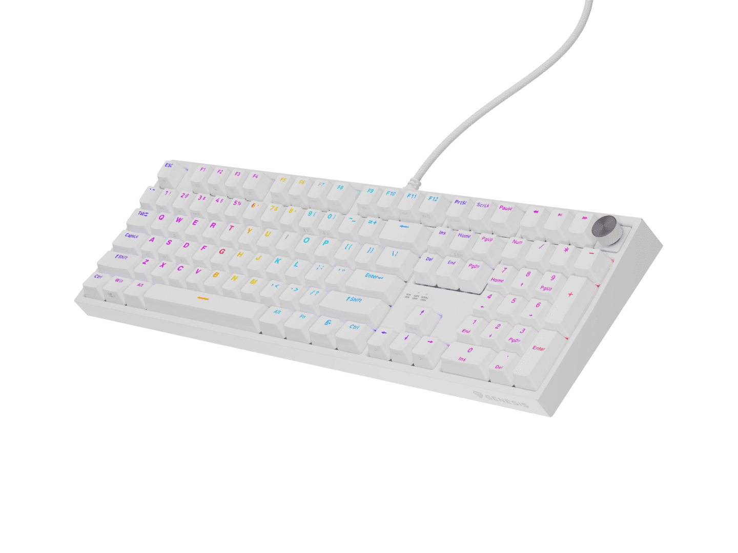 Tastatura gaming mecanica cu fir Genesis Thor 404, iluminare RGB, 107 taste, 11 butoane multimedia, alb
