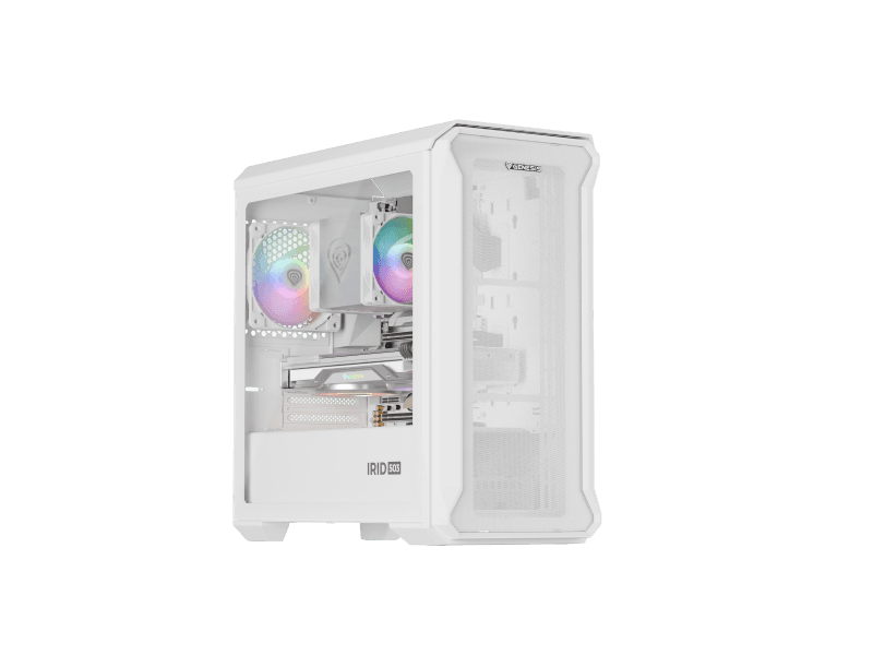 Carcasa GENESIS IRID 503 LITE Mini Tower ARGB ALB, Tempered Glass, Sloturi Expansiune 5, Drive Bays: 2x3.5" 3x2.5", Ventilatoare Suportate: 6 (spate: 1x120mm, fata: 3x120mm sau 2x140mm, sus: 2x120mm sau 2x140mm), Ventilatoare Incluse: 1 (spate: 1x120mm), Format Placa De Baza Suportat: Mini-ITX